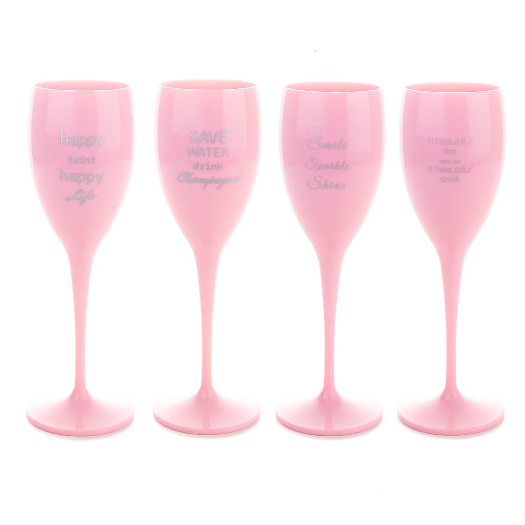 4x Roze Champagneglazen uit kunststof met verschillende Quotes