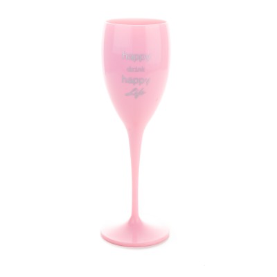 1x Roze Champagneglas 17cl uit kunststof met tekst Happy Drink Happy Life