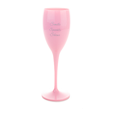 1x Roze Champagneglas 17cl uit kunststof met tekst Smile Sparkle Shine